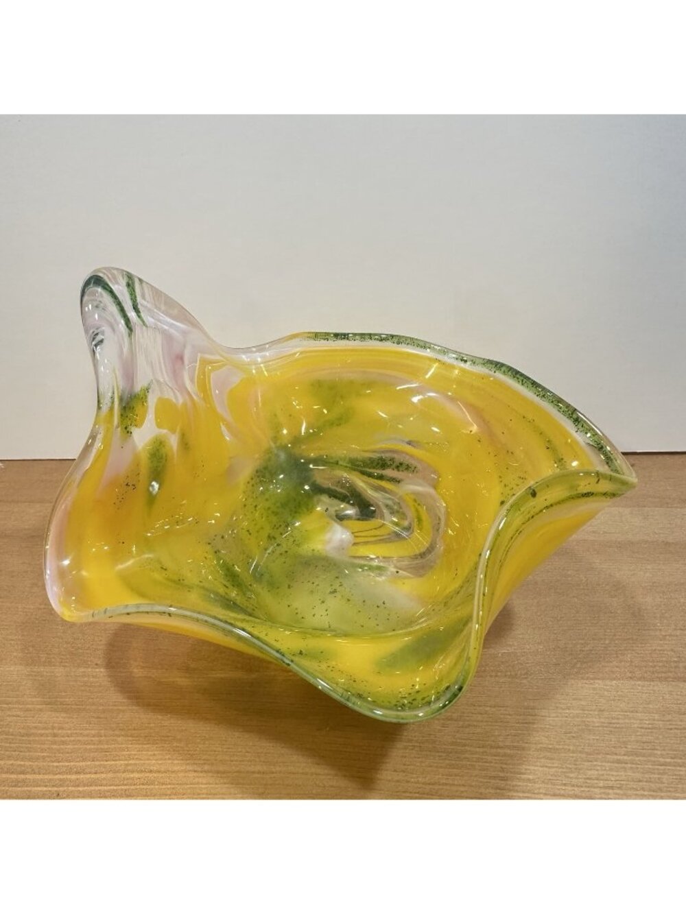 Hand Blown Art Glass Centerpiece Bowl Freeform Folded Rim Yellow Green Pink 7"